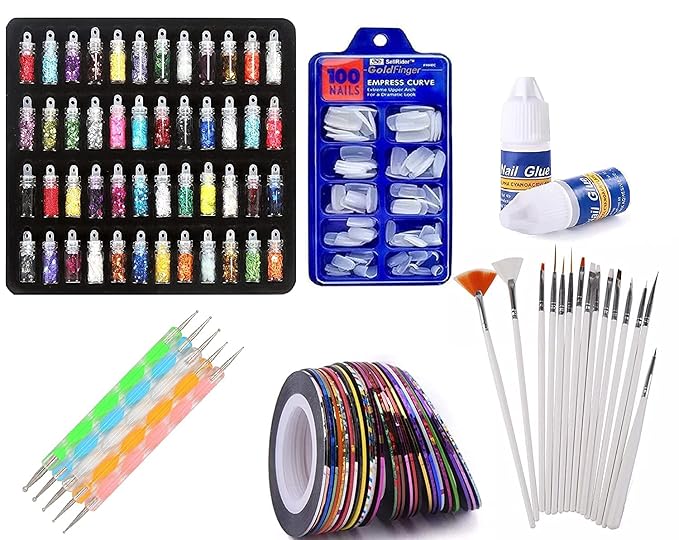 URBANMAC Nail Art Kit - 48 Pcs Glass Bottles Glitter Stones, 100 Nails,10 Nail Tapes, 15 Nail Art brush, 5 Nail Dotting Pen with 2 Glue (Nail Art Kit) - Image 2