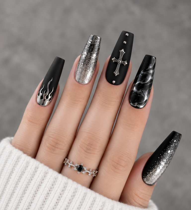 15+ Best Black and Silver Coffin Nail Designs That Are Edgy and Elegant