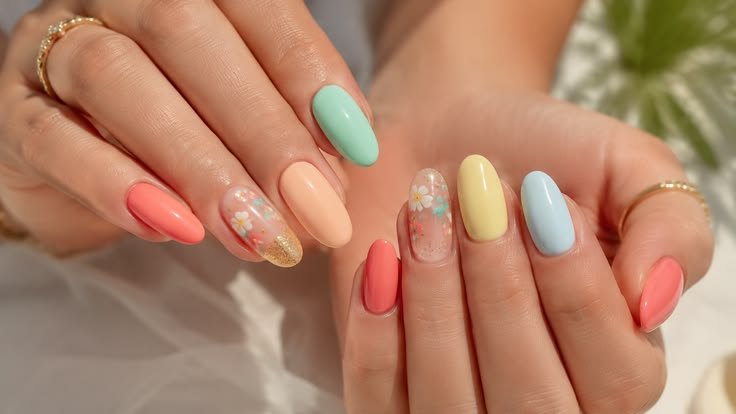 Pastel almond nails with coral, butter yellow, mint green, baby blue, and floral accent nail.