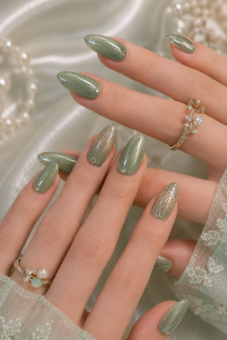 15+ Best Sage Green Nails with Glitter Accent That Look Elegant and Fresh