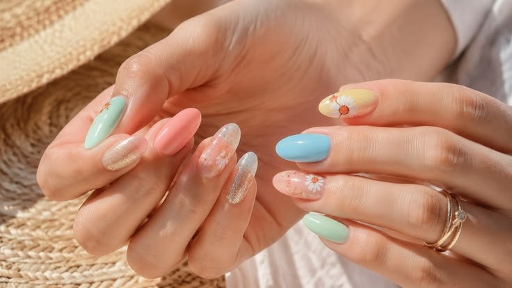 Soft multicolor pastel almond summer nails with peach, mint, blush pink, nude shimmer, and floral accents.