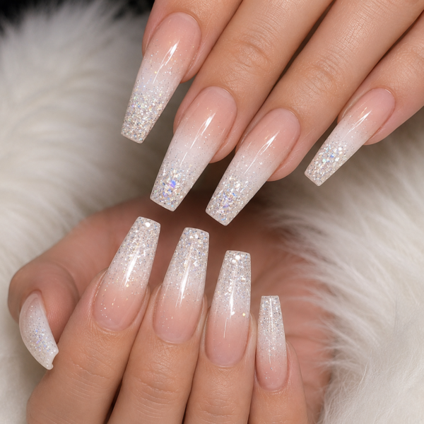 15+ Best White Glitter Ombre Coffin Nails That Look Elegant and Sparkly